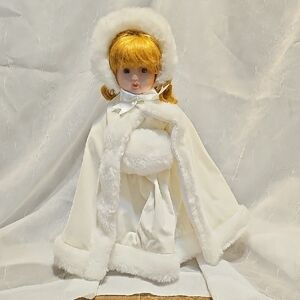 VTG Elegant White Winter Porcelain Doll with Fur Trim